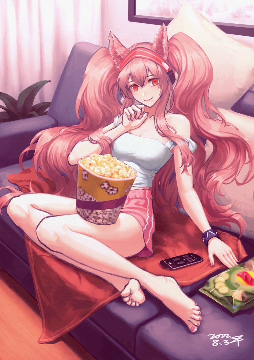 1girl absurdres alternate_costume angelina_(arknights) animal_ears arknights bangs bare_arms bare_legs bare_shoulders barefoot breasts bucket camisole commentary_request controller couch food fox_ears hair_between_eyes hand_up highres indoors long_hair looking_at_viewer medium_breasts nail_polish pillow pink_hair pink_nails pink_shorts popcorn red_eyes remote_control short_shorts shorts sitting smile solo strap_slip thighs toenail_polish toenails twintails very_long_hair yokozuwari zyan