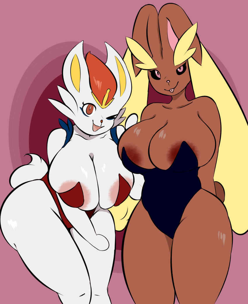 absurd_res animal_humanoid anthro areola areola_slip big_breasts big_butt breast_squish breasts butt cinderace duo female female/female hands_behind_back hi_res huge_breasts humanoid lagomorph lagomorph_humanoid looking_at_viewer lopunny mammal mammal_humanoid nintendo one_eye_closed plantedpot playboy_bunny playboy_outfit pok&eacute;mon pok&eacute;mon_(species) simple_background smile smiling_at_viewer squish thick_thighs tongue tongue_out video_games wide_hips wink