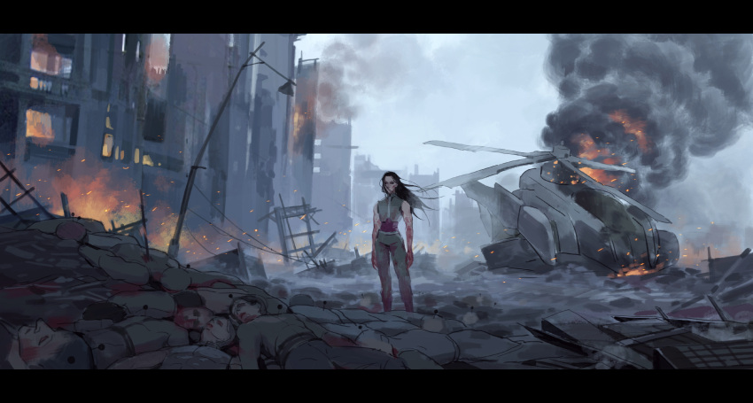 1boy absurdres aircraft bare_arms bare_shoulders black_hair blood blood_on_arm blood_on_clothes building burning corpse crop_top explosion fire floating_hair helicopter highres hunter_x_hunter illumi_zoldyck kuhuo lamppost letterboxed long_hair looking_at_viewer male_focus outdoors pants power_lines ruins sky sleeveless smoke solo standing straight_hair undershirt wide_shot