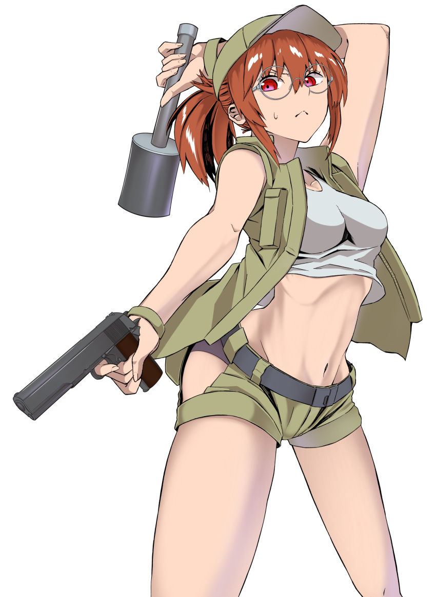 1girl :&lt; absurdres arm_over_head arm_up bare_arms belt breasts brown_hair closed_mouth commentary explosive fio_germi glasses green_shorts grenade gun hair_between_eyes handgun hat highres holding legs_apart medium_breasts metal_slug navel ponytail red_eyes shirt shorts sidelocks simple_background sleeveless sleeveless_shirt solo stielhandgranate sweat thighs user_akxe3354 vest_over_shirt weapon white_background white_shirt