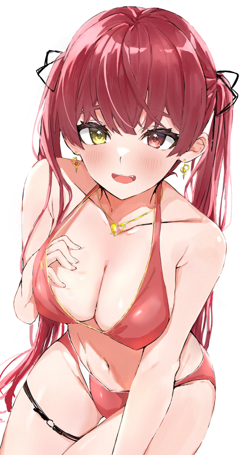 1girl :d absurdres arrow_through_heart bikini black_ribbon blush breasts cleavage_cutout clothing_cutout collarbone earrings fang groin hair_ribbon halter_top halterneck hand_in_bikini hand_under_clothes hand_under_swimsuit heart heart_earrings heart_necklace heterochromia highres hololive houshou_marine jewelry kakeru_(kakeruanim) large_breasts leaning_forward long_hair looking_at_viewer navel necklace o-ring o-ring_legwear official_alternate_costume open_mouth red_bikini red_eyes red_hair ribbon simple_background smile solo string_bikini swimsuit thigh_strap twintails virtual_youtuber white_background yellow_eyes
