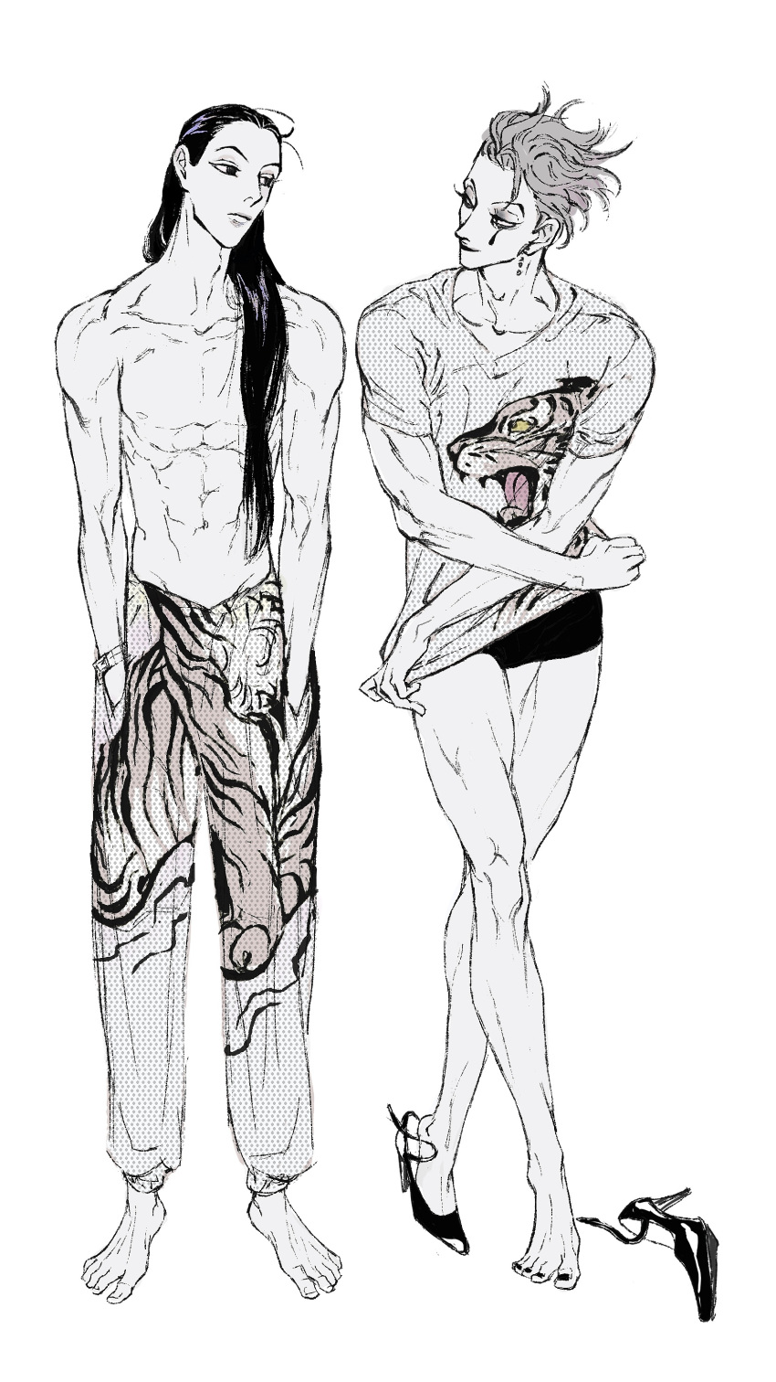 2boys abs absurdres animal_print bare_arms barefoot boxer_briefs casual closed_mouth crossed_arms crossed_legs eye_contact eyelashes eyeshadow facepaint facial_mark frown full_body ghost12 hair_over_shoulder hair_slicked_back hands_in_pockets high_heels highres hisoka_morow hunter_x_hunter illumi_zoldyck long_hair looking_at_another looking_away looking_to_the_side makeup male_focus male_underwear matching_outfit monochrome multiple_boys nail_polish navel pants print_pants print_shirt raindrop_print shirt shirt_tug shoes short_hair side-by-side simple_background single_shoe smile standing t-shirt tiger_print tight tight_shirt tiptoes toenail_polish toenails toned toned_male topless underwear watch wristwatch