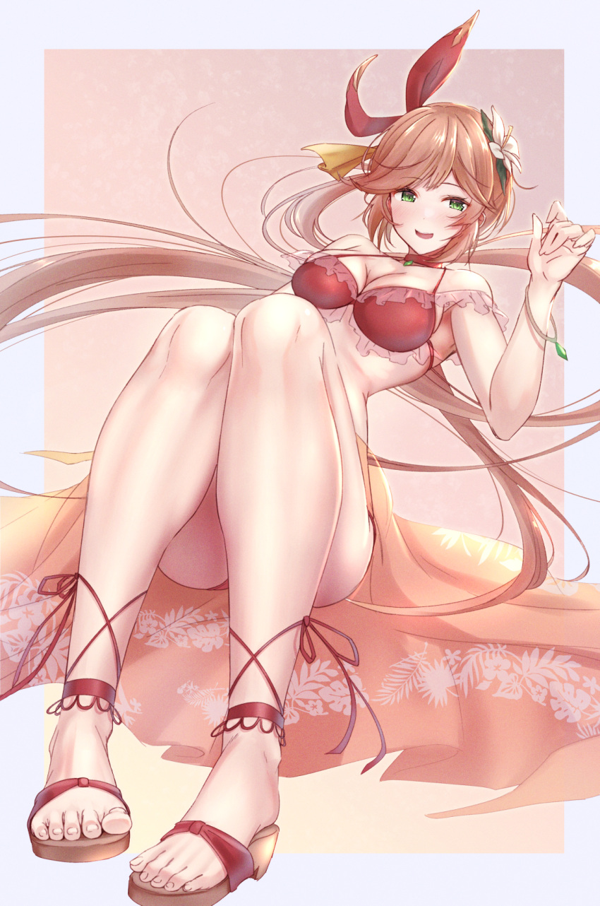 1girl :d alternate_costume bangs bikini blue_border blush border bracelet breasts brown_hair clarisse_(granblue_fantasy) commentary_request doregusu feet flower foreshortening frilled_bikini frills full_body gradient gradient_background granblue_fantasy green_eyes hair_flower hair_ornament hair_ribbon hand_up highres jewelry large_breasts leaning_back legs legs_together long_hair looking_at_viewer open_mouth ponytail red_bikini ribbon sandals shiny shiny_clothes shiny_hair shiny_skin sidelocks smile solo swept_bangs swimsuit toenails toes