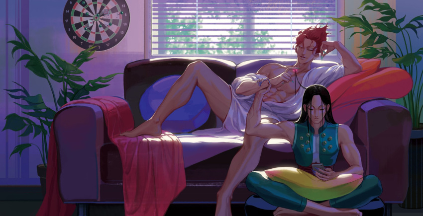 2boys abs aqua_nails bare_arms bare_legs barefoot bathrobe black_hair blanket blinders blue_nails cellphone commentary couch cushion dartboard day fingernails green_nails hair_over_eyes hair_slicked_back hand_up head_rest highres hisoka_morow holding holding_another's_hair holding_another's_wrist holding_phone hunter_x_hunter illumi_zoldyck indian_style indoors knee_up kuhuo long_fingernails long_hair looking_at_another looking_at_phone looking_away male_focus messy_hair multiple_boys nail off_shoulder on_couch phone pillow plant potted_plant red_hair sharp_fingernails short_hair sitting sleeveless spiked_hair straight_hair sunlight window