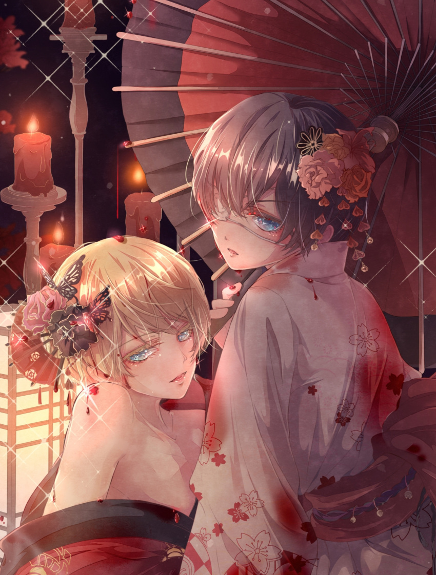 2boys alois_trancy bishounen black_butterfly black_hair blonde_hair blue_eyes bug butterfly butterfly_hair_ornament candle candle_wax candlelight ciel_phantomhive crossdressing flower girly_boy hair_flower hair_ornament highres holding holding_umbrella indoors japanese_clothes kuroshitsuji looking_at_viewer male_focus multiple_boys open_mouth otoko_no_ko parted_lips short_hair sitting sitting_on_person umbrella xikuliliangyuanzichihanli