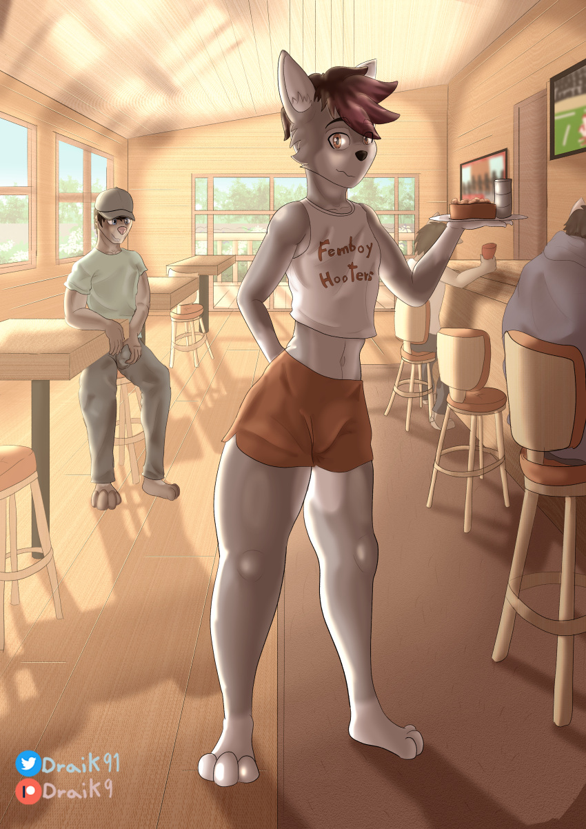 absurd_res anthro bottomwear bulge bulge_fondling canid canine canis clothed clothing crop_top digital_media_(artwork) draik english_text femboy_hooters frottage fur girly grey_body grey_fur group hair hi_res hooters_uniform male mammal sex shaded shirt shorts text topwear wolf