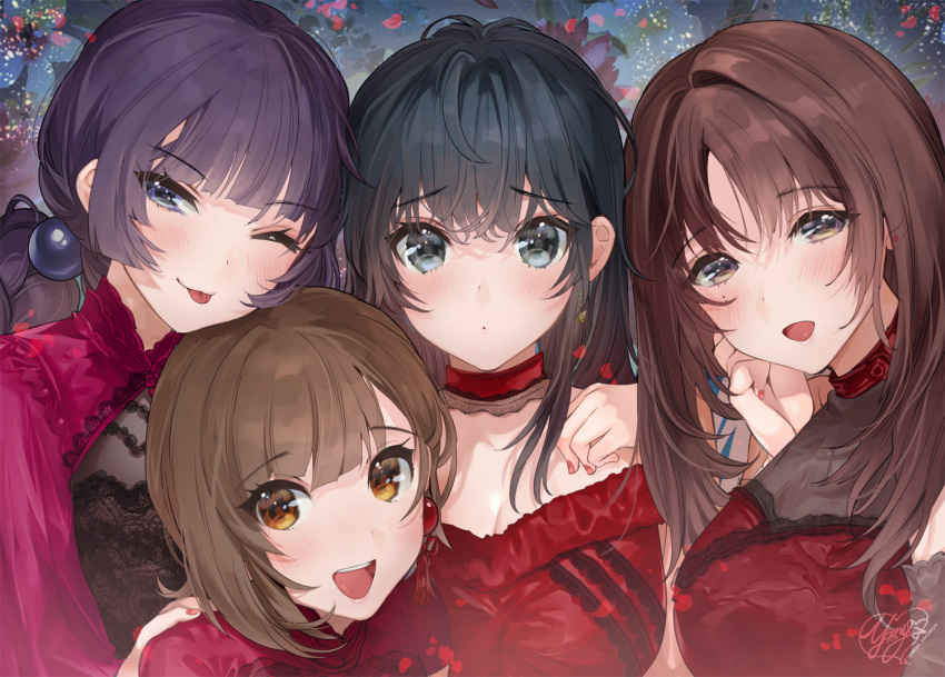4girls artist_logo artist_name bangs black_hair blush breasts brown_hair choker cleavage closed_mouth dress earrings floral_background grey_eyes hair_bobbles hair_ornament half-closed_eye hand_on_another's_shoulder hand_up jewelry kanojo_(ogino_atsuki) lips long_hair looking_at_viewer maria_(ogino_atsuki) medium_breasts mole mole_under_eye multiple_girls one_eye_closed open_mouth original purple_hair raised_eyebrows red_dress short_sleeves sidelocks sleeveless sleeveless_dress stud_earrings tassel tassel_earrings ten_ten_(ogino_atsuki) tongue tongue_out upper_body yanyo_(ogino_atsuki) yellow_eyes yui_(ogino_atsuki)