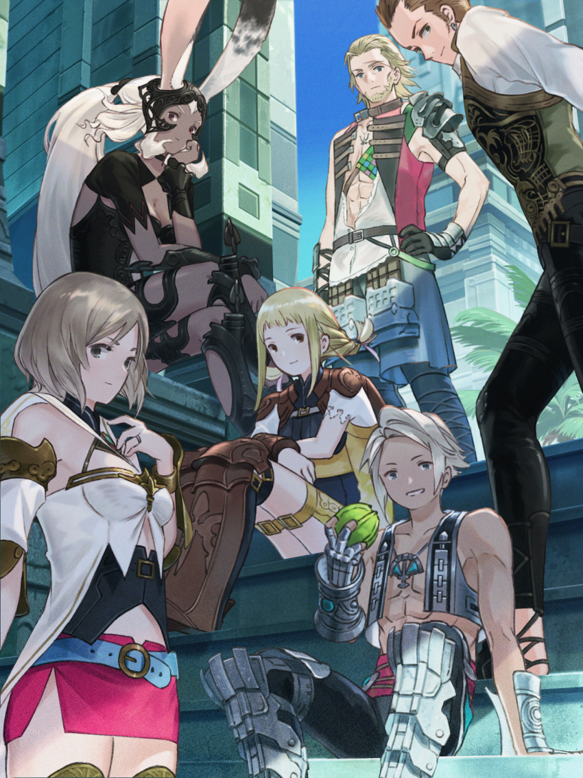 3boys 3girls abs animal_ears armor ashelia_b'nargin_dalmasca balflear basch_fon_ronsenburg belt blonde_hair blue_eyes breasts brown_hair closed_mouth dark-skinned_female dark_skin detached_sleeves final_fantasy final_fantasy_xii fran_(ff12) gloves highres long_hair looking_at_viewer minabe_(mi-nabe) miniskirt multiple_boys multiple_girls penelo rabbit_ears short_hair skirt smile thighhighs vaan vest viera white_hair