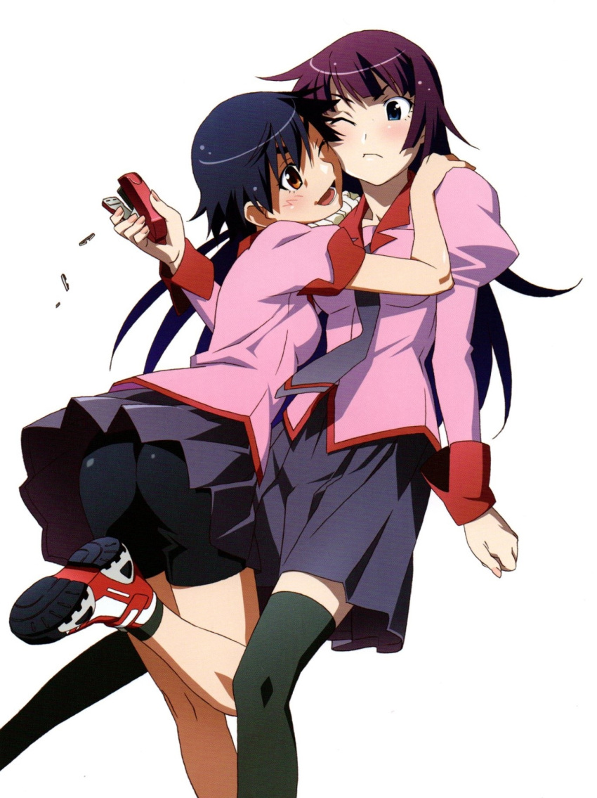 2girls ass bakemonogatari bangs bike_shorts black_thighhighs blue_eyes blue_hair blue_necktie blue_skirt blush breasts closed_mouth feet_out_of_frame foot_out_of_frame foot_up from_above hand_up highres hug juliet_sleeves kanbaru_suruga long_hair long_sleeves looking_at_another lower_teeth lying medium_breasts miniskirt monogatari_(series) multiple_girls naoetsu_high_school_uniform necktie non-web_source official_art on_back one_eye_closed open_mouth pink_nails pink_shirt pleated_skirt puffy_sleeves purple_hair scan scan_artifacts school_uniform senjougahara_hitagi shadow shiny shiny_clothes shiny_hair shirt short_hair short_sleeves simple_background skirt stapler teeth thighhighs watanabe_akio white_background zettai_ryouiki