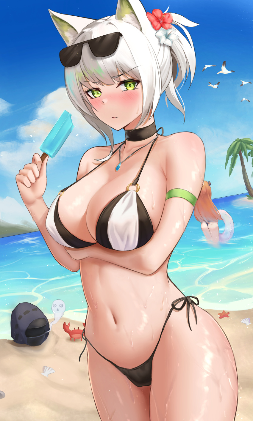 1other 2girls absurdres alternate_hairstyle animal_ear_fluff animal_ears arknights arm_strap arm_under_breasts ass bagpipe_(arknights) bangs bare_shoulders beach bikini black_bikini black_choker blush breast_hold breasts buried cat_ears choker cleavage closed_mouth collarbone cowboy_shot crab doctor_(arknights) eyewear_on_head flower food giving_up_the_ghost green_eyes hair_flower hair_ornament highres holding holding_food innertube jewelry jixo_(user_nzhc8728) kal'tsit_(arknights) large_breasts layered_bikini long_hair looking_at_viewer mask multiple_girls navel necklace ocean orange_hair popsicle red_flower seashell shell short_hair short_ponytail stomach sunglasses swimsuit v-shaped_eyebrows very_long_hair water white_bikini white_flower