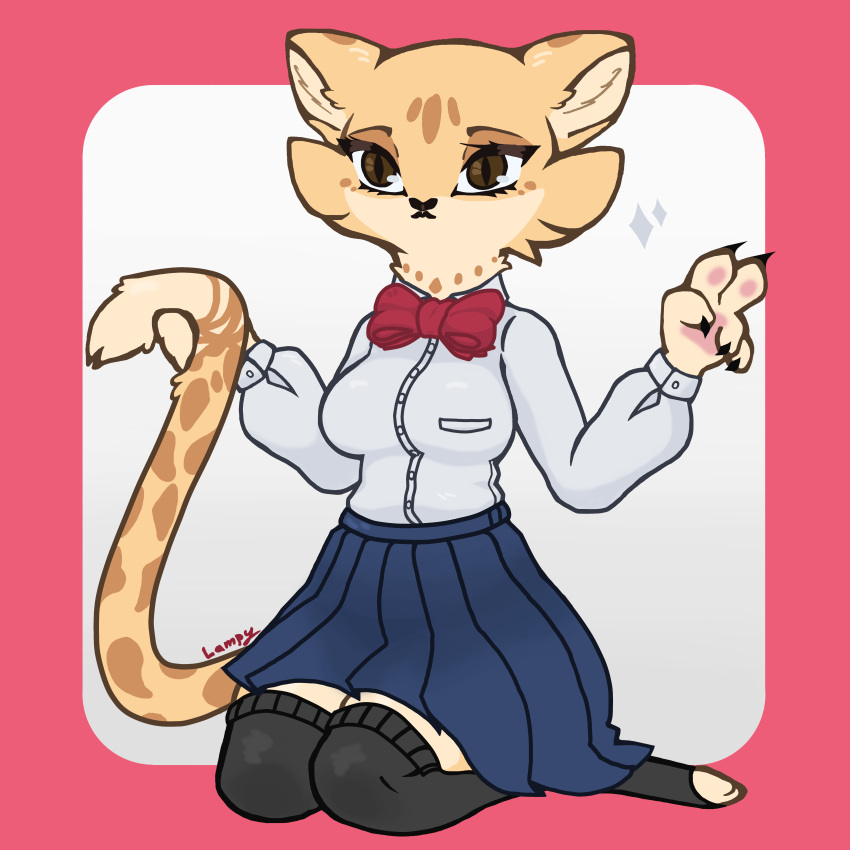 2022 absurd_res akino_(kemokin_mania) anthro black_nose bottomwear bow_ribbon brown_eyes cheetah clothed clothing felid feline female hi_res invalid_tag lampy mammal nya paws simple_background skirt solo tail_tuft tuft