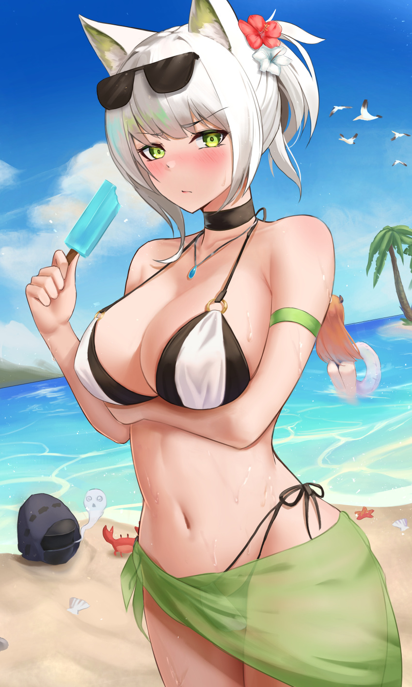 1other 2girls absurdres alternate_hairstyle animal_ear_fluff animal_ears arknights arm_strap arm_under_breasts ass bagpipe_(arknights) bangs bare_shoulders beach bikini black_bikini black_choker blush breast_hold breasts buried cat_ears choker cleavage closed_mouth collarbone cowboy_shot crab doctor_(arknights) eyewear_on_head flower food giving_up_the_ghost green_eyes hair_flower hair_ornament highres holding holding_food innertube jewelry jixo_(user_nzhc8728) kal'tsit_(arknights) large_breasts layered_bikini long_hair looking_at_viewer mask multiple_girls navel necklace ocean orange_hair popsicle red_flower seashell shell short_hair short_ponytail stomach sunglasses swimsuit v-shaped_eyebrows very_long_hair water white_bikini white_flower