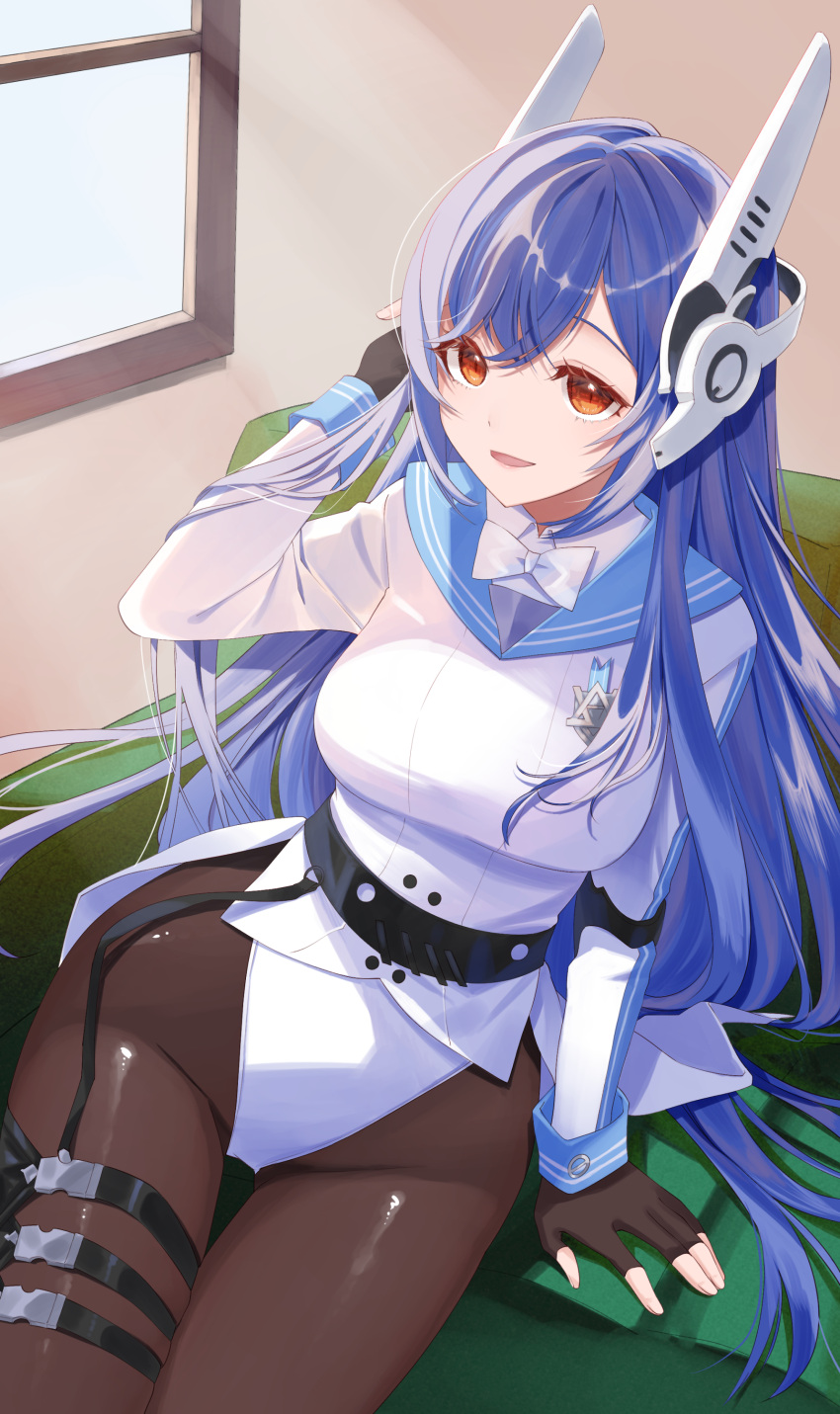 1girl absurdres blue_hair bow bowtie breasts brown_pantyhose couch girls'_frontline hair_between_eyes hexagram highres hoshikani indoors jacket large_breasts leotard long_hair long_sleeves looking_at_viewer open_mouth pantyhose red_eyes robot_ears side-tie_leotard sitting smile solo star_of_david sunlight tar-21_(girls'_frontline) white_bow white_leotard window yellow_eyes