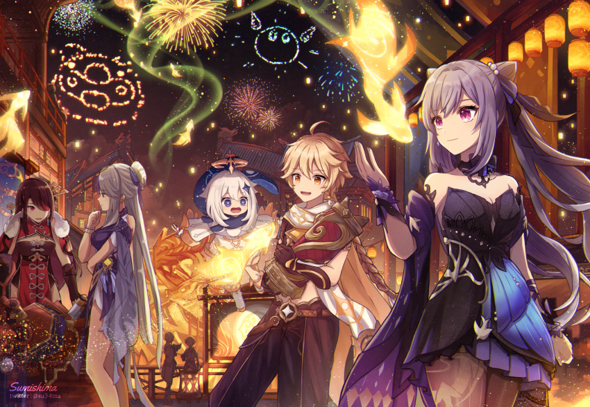 3boys 4girls :d aerial_fireworks aether_(genshin_impact) ahoge architecture artist_name bangs bare_shoulders beidou_(genshin_impact) belt black_cape black_dress black_gloves blonde_hair blue_dress book braid braided_ponytail bright_pupils brown_gloves brown_hair brown_pants brown_pantyhose brown_shirt building cape chongyun_(genshin_impact) cleavage_cutout closed_mouth clothing_cutout collarbone colored_eyepatch commentary_request cone_hair_bun cowboy_shot cropped_shirt detached_collar diamond-shaped_pupils diamond_(shape) double_bun dress earrings east_asian_architecture eyepatch festival fingerless_gloves fireworks fish floating fur-trimmed_cape fur_trim genshin_impact gloves gold_trim goldfish grey_hair hair_between_eyes hair_bun hair_ornament hair_ribbon hairpin halo hand_up holding holding_book house jewelry keqing_(genshin_impact) keqing_(opulent_splendor)_(genshin_impact) lantern long_hair long_sleeves looking_at_another medium_hair multiple_boys multiple_girls night night_sky ningguang_(genshin_impact) ningguang_(orchid's_evening_gown)_(genshin_impact) official_alternate_costume one_eye_covered open_book open_mouth outdoors paimon_(genshin_impact) pants pantyhose paper_lantern pearl_hair_ornament pelvic_curtain profile purple_eyes purple_hair reading red_cape red_dress red_eyes ribbon scarf shirt sidelocks signature single_braid single_earring sky sleeveless sleeveless_dress smile standing star_(symbol) strapless strapless_dress su34ma swept_bangs symbol-shaped_pupils tassel twintails twitter_username very_long_hair vision_(genshin_impact) white_hair white_pupils white_scarf wide_sleeves xingqiu_(genshin_impact) yellow_eyes