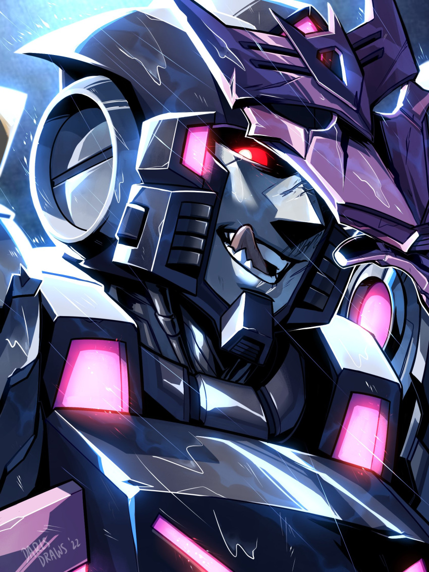 colored_tongue decepticon english_commentary fangs highres licking_lips lina_rojas looking_at_viewer mask mecha one_eye_covered portrait purple_tongue rain red_eyes robot science_fiction solo tarn the_transformers_(idw) tongue tongue_out transformers