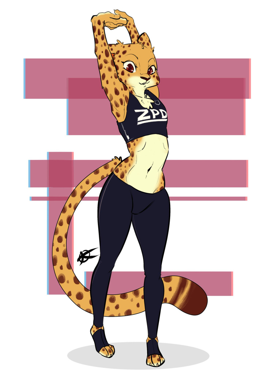 athletic_wear breasts cheetah clothed clothing countershading disney felid feline female hi_res jaff96 kii_catano mammal small_breasts solo stretching zootopia zpd