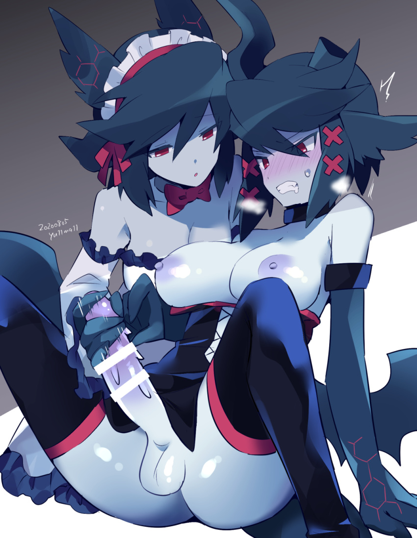 2girls :o bar_censor bare_shoulders bat_wings blue_skin breasts censored clenched_teeth colored_skin dated ellis_morte expressionless futa_with_female futanari handjob highres incest kaiten_muten-maru large_breasts large_penis monster_girl multiple_girls nipples penis queen_morte red_eyes siblings sisters sitting teeth testicles thighhighs wings yuuma_(yuma1111)