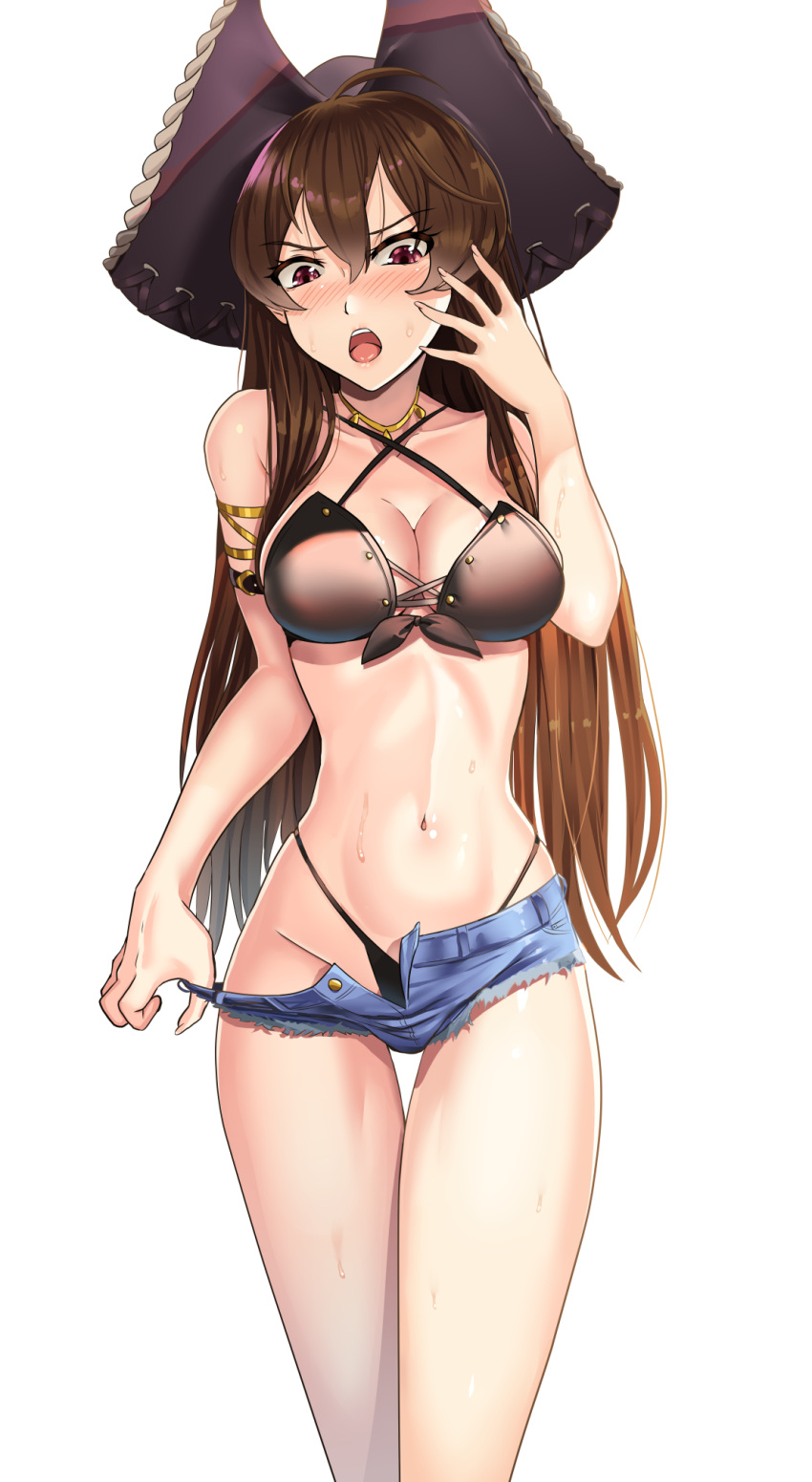 1girl azur_lane bare_legs bikini blush breasts brown_hair cleavage commission cutoffs drawing hair_between_eyes hand_up hat highres jean_bart_(azur_lane) long_hair looking_down medium_breasts nico-mo open_mouth red_eyes shorts_tug simple_background stomach sweat swimsuit white_background