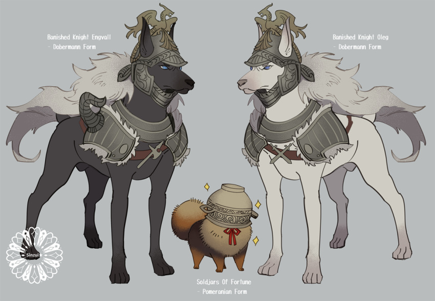 alternate_species armor black_body black_fur blue_eyes brown_body brown_fur canid canine canis domestic_dog elden_ring fromsoftware fur group headgear helmet male mammal simple_background sinzui sparkles spirits_ashes trio video_games white_body white_fur