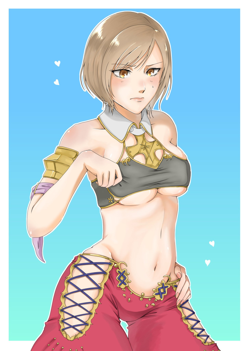 1girl ashelia_b'nargin_dalmasca blonde_hair blush breasts cleavage closed_mouth cosplay final_fantasy final_fantasy_xii heart highres navel short_hair simple_background solo sweatdrop underboob