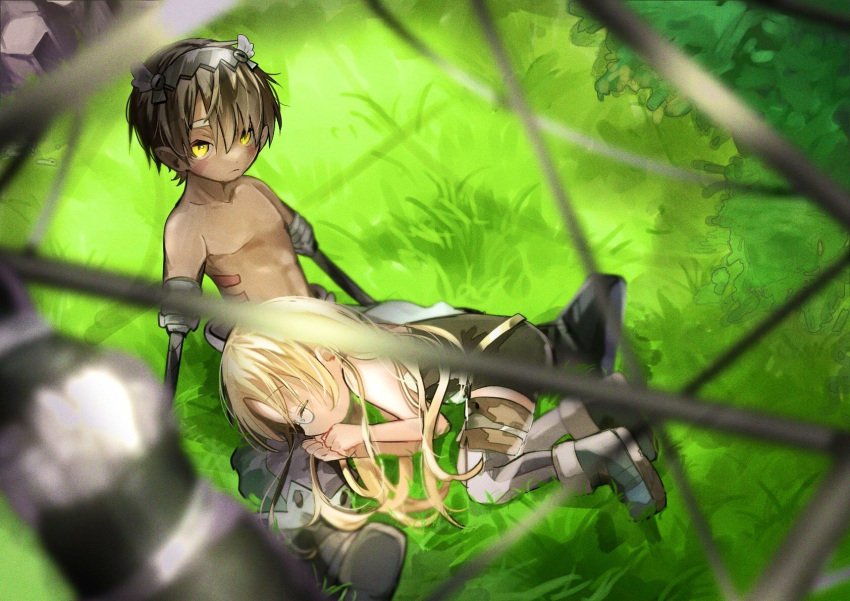 1boy 1girl blonde_hair brown_hair commentary_request dark_skin facial_mark from_above glasses grass hairband helmet highres long_hair lying_on_person made_in_abyss mechanical_arms nanase_(7se_1015) on_ground pointy_ears regu_(made_in_abyss) riko_(made_in_abyss) short_hair twintails whistle yellow_eyes