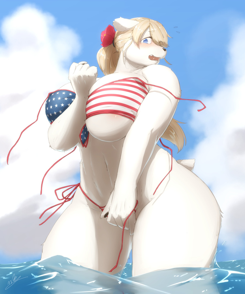 2022 5:6 5_fingers absurd_res accessory american_flag_bikini anthro big_breasts bikini biped black_nose blonde_hair blue_eyes blush bodily_fluids breasts clothing cloud colored covering covering_self curvaceous curvy_figure day digital_media_(artwork) eyebrows female fingers fur hair hair_accessory hi_res huge_breasts kemono mammal nakamula navel open_mouth outside partially_submerged polar_bear ponytail portrait shaded shocked sky solo standing sweat sweatdrop swimwear thick_thighs three-quarter_portrait three-quarter_view under_boob ursid ursine voluptuous wardrobe_malfunction white_body white_fur wide_hips