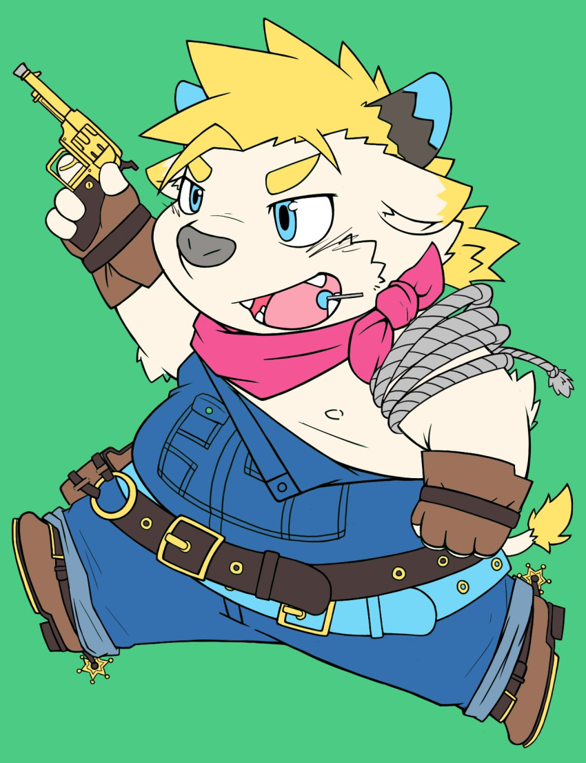 anthro babe_bunyan bear_2key belly belt blonde_hair blue_eyes bovid bovine cattle clothing hair hi_res lifewonders male mammal nipples overalls slightly_chubby solo tokyo_afterschool_summoners video_games