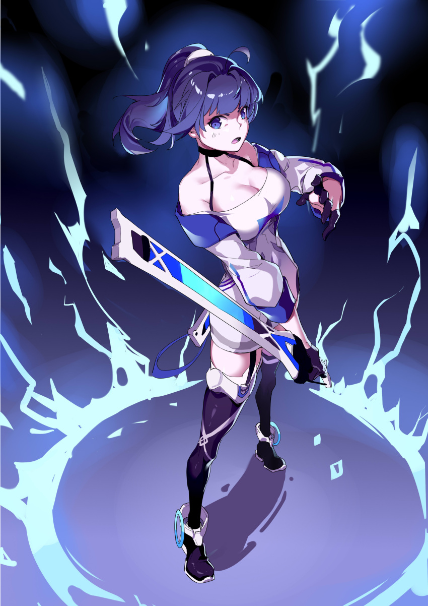 1girl absurdres bangs bare_shoulders black_footwear black_gloves boots breasts cleavage electricity gloves highres holding holding_sword holding_weapon honkai_(series) honkai_impact_3rd jacket katana long_hair looking_at_viewer off_shoulder open_mouth ponytail purple_eyes purple_hair raiden_mei raiden_mei_(striker_fulminata) shirt solo standing sword thigh_boots weapon white_jacket white_shirt yu_xiu