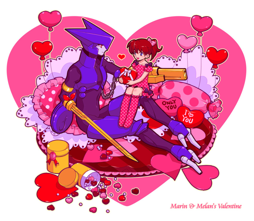 1boy 1girl :d alternate_eye_color android arm_blade arm_cannon armor asagi_marin balloon blue_eyes blue_skin bow box brigadoon candy character_name chocolate colored_skin dress eye_contact food hair_bow heart heart-shaped_box heart-shaped_chocolate heart_balloon hetero kneehighs looking_at_another melan_blue pillow pink_bow pink_dress pink_socks red_eyes red_ribbon ribbon short_ponytail short_sleeves sitting smile socks tetsukuzu_tetsuko valentine weapon white_background