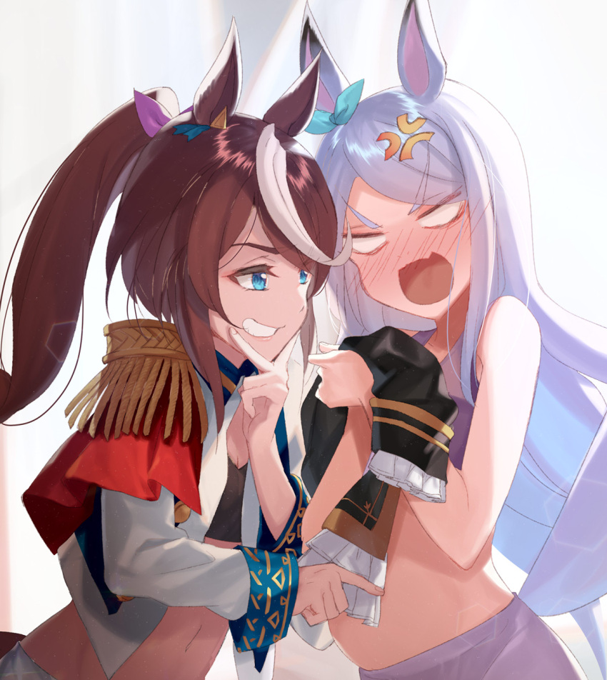 2girls anger_vein animal_ears big_belly blank_eyes blue_eyes blush bow breasts brown_hair capelet cleavage epaulettes grey_hair grin hair_bow highres holding holding_clothes horse_ears horse_girl horse_tail jacket kabocha_(monkey4) long_hair long_sleeves looking_at_another mejiro_mcqueen_(umamusume) multicolored_hair multiple_girls navel nose_blush open_mouth poking ponytail single_epaulette smile smug sports_bra streaked_hair tail tokai_teio_(umamusume) umamusume upper_body v-shaped_eyebrows v_over_mouth white_jacket