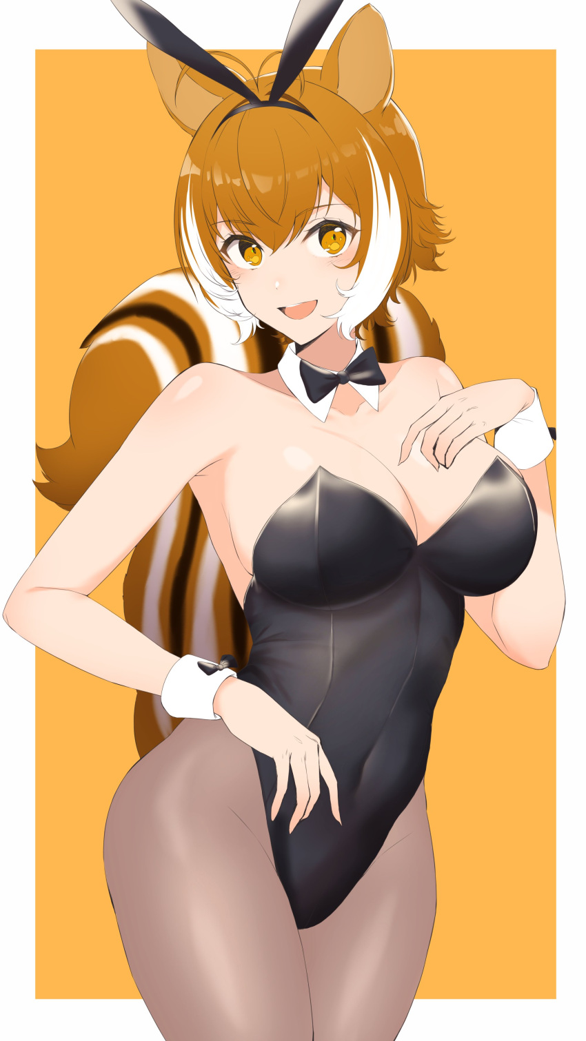 1girl absurdres animal_ears armpit_peek armpits bare_shoulders black_bow black_bowtie black_leotard blazblue border bow bowtie breasts bunny_day cleavage covered_navel detached_collar fake_animal_ears hair_between_eyes highres large_breasts leggings leotard looking_at_viewer makoto_nanaya open_mouth orange_background orange_eyes orange_hair pantyhose playboy_bunny purinnssu rabbit_ears simple_background smile solo squirrel_ears squirrel_tail tail white_border wrist_cuffs