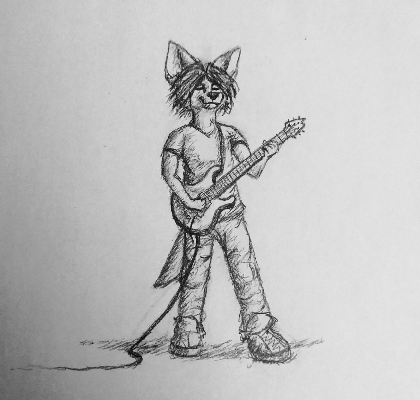 anthro big_ears bottomwear clothing denim denim_clothing eyes_closed graphite grunge guitar hi_res jeans male musical_instrument pants playing_guitar playing_music plucked_string_instrument shaded sketch smile solo standing string_instrument torn_bottomwear torn_clothing torn_jeans torn_pants
