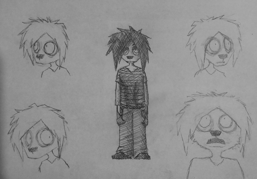 anthro big_eyes bored_expression cross-hatching fearful_expression graphite_(artwork) grunge hatching_(art) hi_res human i_can't_sleep male mammal model_sheet nervous shaded solo traditional_media_(artwork)