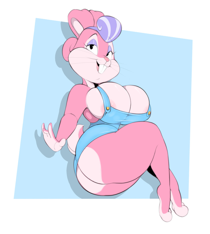 2022 4_fingers anthro areola areola_slip big_breasts big_butt breasts buckteeth butt female fingers fur hair hi_res huge_breasts lagomorph leporid mammal multicolored_body multicolored_fur multicolored_hair open_mouth open_smile overalls_only pink_body pink_fur purple_hair rabbit simple_background smile solo teeth thick_thighs two_tone_body two_tone_fur two_tone_hair usnarbit