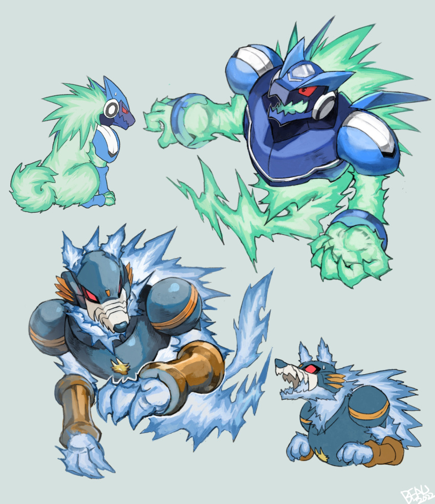 anthro beau_555 bodily_fluids canid canine canis capcom domestic_dog duo em_being feral feralized hi_res machine male mammal mega_man_(series) mega_man_star_force muscular omega-xis red_eyes robot sweat video_games wolf wolf_woods