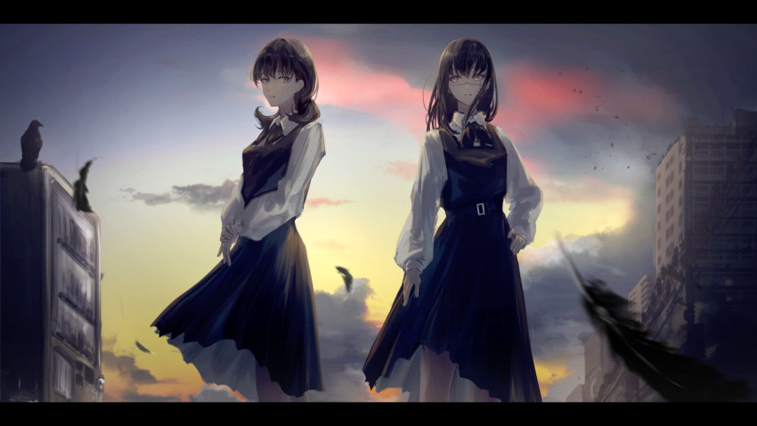 2girls arm_at_side bangs belt belt_buckle bird black_belt black_dress black_hair brown_eyes buckle building chainsaw_man cloud collared_shirt crow dress dual_persona evening eye_contact falling_feathers feathers feet_out_of_frame fuyukono grey_eyes hand_on_hip highres letterboxed long_sleeves looking_at_another low_twintails medium_hair mitaka_asa motion_blur multiple_girls neck_ribbon nervous outdoors own_hands_together parted_lips pinafore_dress ribbon ringed_eyes scar scar_on_cheek scar_on_face scenery school_uniform shirt short_twintails sky standing sweatdrop twintails war_devil_(chainsaw_man) white_shirt