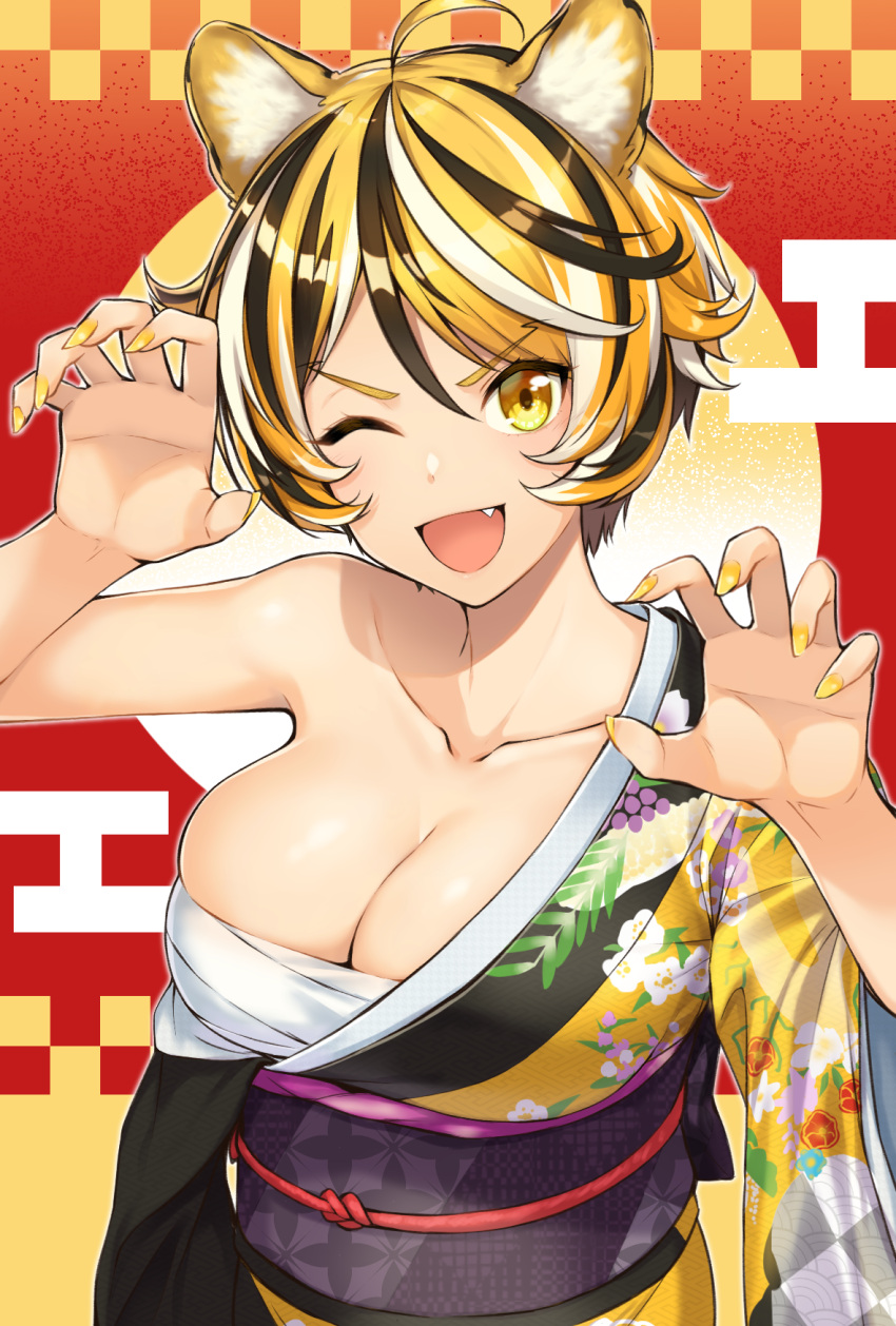 1girl 2022 animal_ear_fluff animal_ears bandages bare_shoulders breasts cat_ears cat_girl chinese_zodiac claw_pose cleavage collarbone fang fang_out hair_between_eyes hands_up highres japanese_clothes kimono large_breasts nail_polish one_eye_closed open_mouth original purinnssu sarashi smile tiger_ears tiger_girl v-shaped_eyebrows year_of_the_tiger yellow_eyes yellow_nails