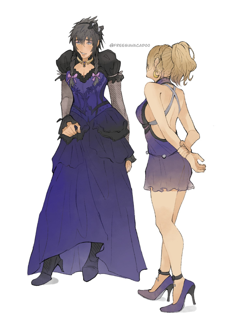 1boy 1girl back backless_dress backless_outfit black_hair blonde_hair chest_cutout cloud_strife cloud_strife_(cosplay) cosplay crossdressing dress final_fantasy final_fantasy_vii final_fantasy_vii_remake final_fantasy_xv freesiavacadoo frilled_sleeves frills high_heels highres lunafreya_nox_fleuret noctis_lucis_caelum purple_dress short_dress shrugging spiked_hair tifa_lockhart tifa_lockhart's_refined_dress tifa_lockhart_(cosplay)