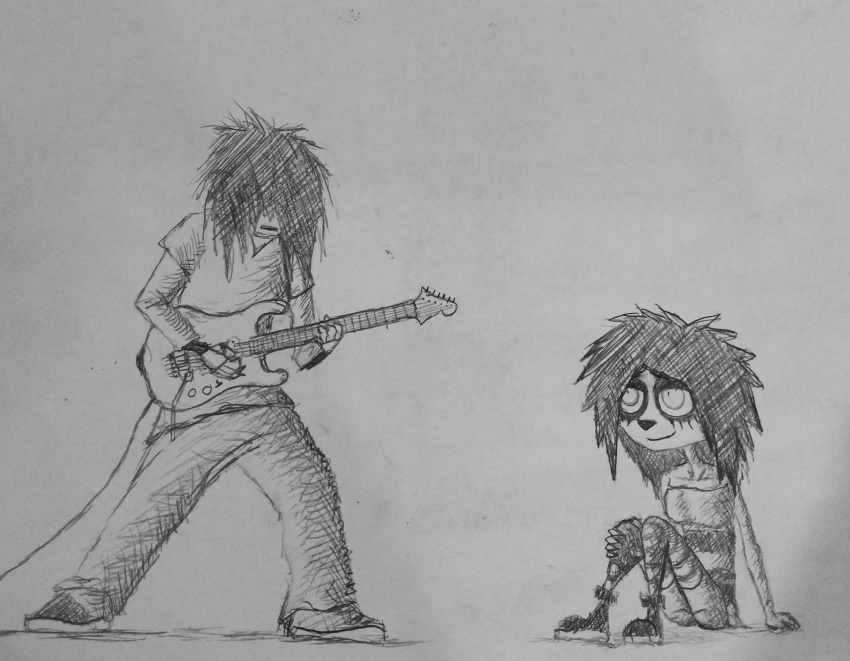 anthro being_watched cross-hatching duo female friends goth graphite_(artwork) grunge guitar hair happy hatching_(art) hi_res human i_can't_sleep long_hair looking_at_another male mammal musical_instrument playing_guitar playing_music plucked_string_instrument pose shaded sitting string_instrument traditional_media_(artwork)