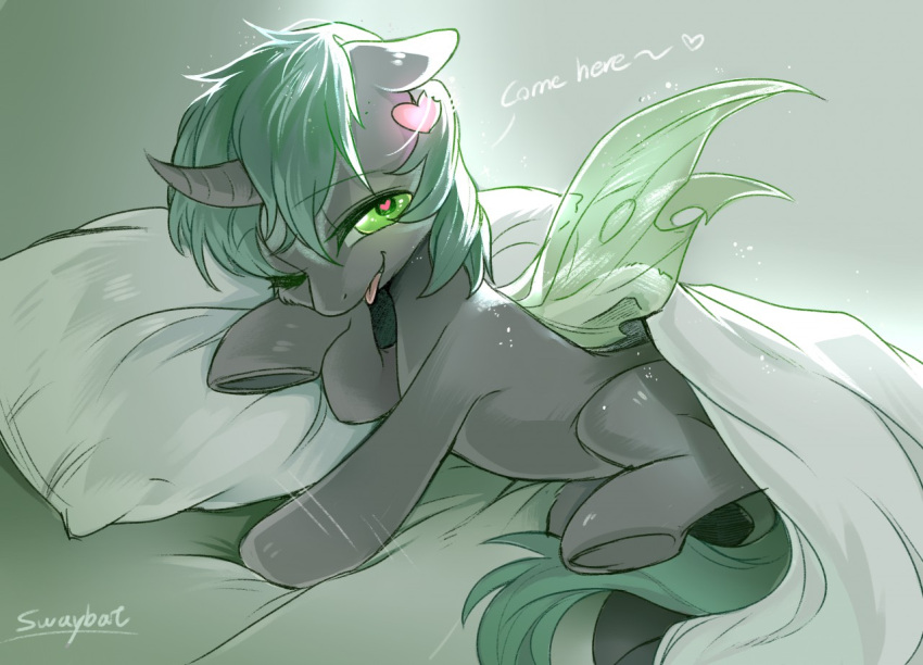 &lt;3 &lt;3_eyes 2019 accessory ambiguous_gender arthropod bedding blanket changeling digital_media_(artwork) fan_character feral friendship_is_magic green_wings hair_accessory hasbro hooves horn insect_wings my_little_pony one_eye_closed pillow signature smile solo swaybat tongue tongue_out wings