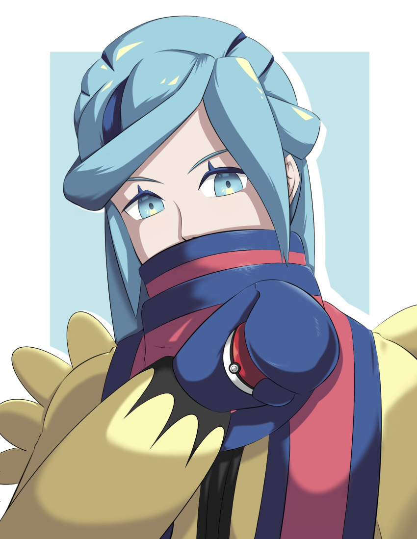 1boy androgynous blue_background blue_hair coat ememtrp gloves grusha_(pokemon) highres long_hair poke_ball pokemon pokemon_(game) pokemon_sv puffy_sleeves scarf scarf_over_mouth simple_background