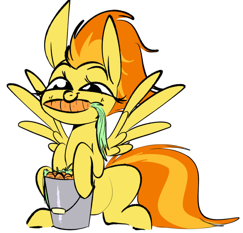 2017 black_eyes bucket carrot container equid equine eyelashes feathered_wings feathers female feral food friendship_is_magic hair hasbro hattsy herbivore hi_res mammal my_little_pony orange_hair orange_tail pegasus plant simple_background smile spitfire_(mlp) vegetable white_background wings wonderbolts_(mlp) yellow_body yellow_feathers