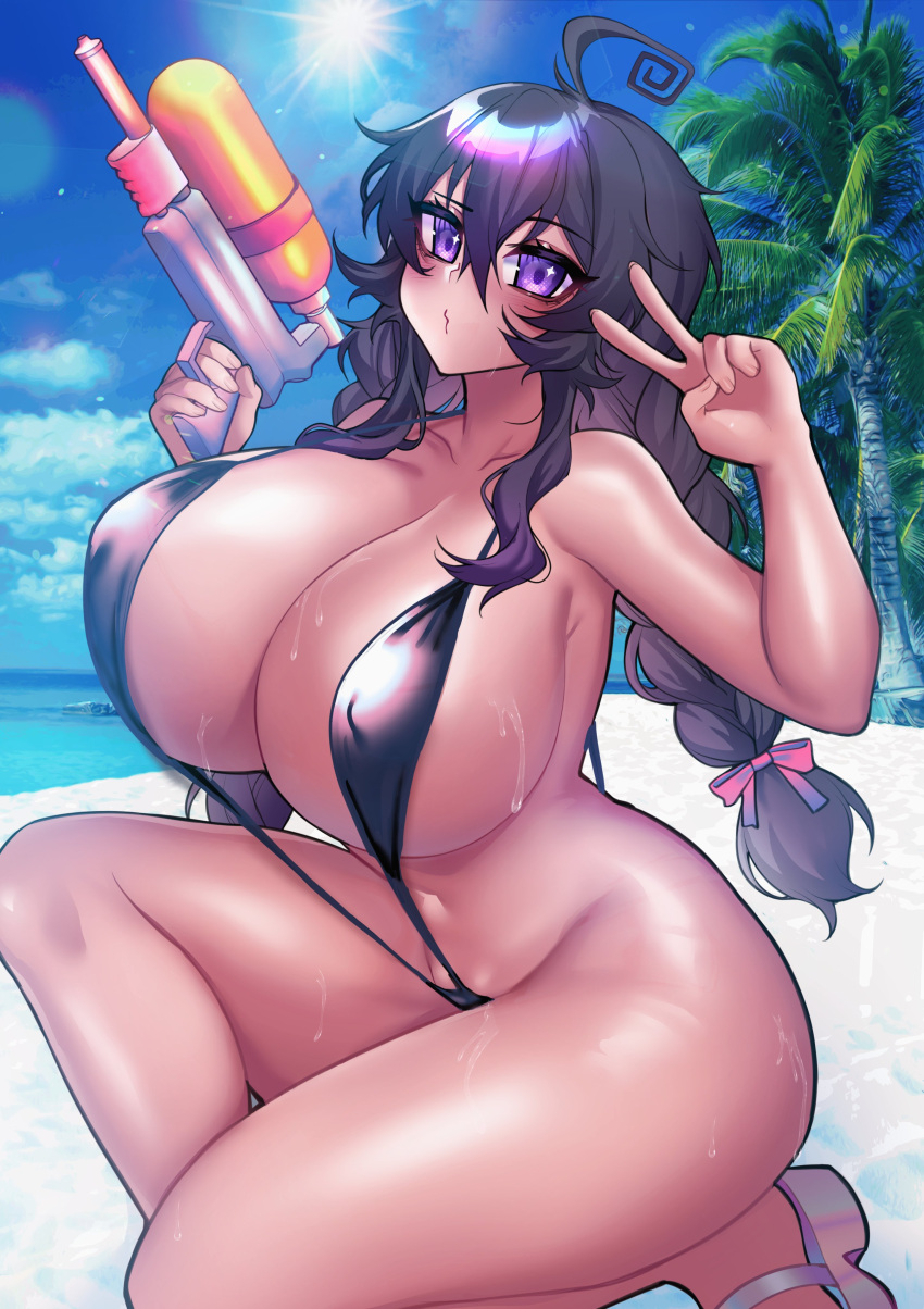 1girl absurdres ahoge beach blush breasts crawling_dreams curvy fang highres holding huge_breasts long_hair looking_at_viewer merryweather messy_hair navel nyarla_(osiimi) original osiimi outdoors palm_tree pout purple_eyes purple_hair revealing_clothes skin_fang slingshot_swimsuit smile solo summer swimsuit tan thick_thighs thighs tree twintails v very_long_hair water_gun wide_hips