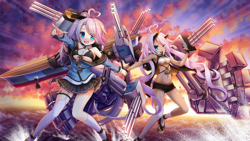 2girls absurdres ahoge asymmetrical_legwear azur_lane bangs bikini bikini_top_only black_bikini black_gloves black_sailor_collar black_skirt blue_eyes blue_shirt bluebird_(bluebird90) blush breasts cleavage cloud commentary_request dark-skinned_female dark_skin eyes_visible_through_hair facepaint fang full_body gloves grey_footwear hair_between_eyes heart heart-shaped_pupils heart_ahoge heterochromia highres horns indianapolis_(azur_lane) large_breasts long_hair looking_at_viewer mechanical_arms mechanical_horns medium_breasts miniskirt multiple_girls off_shoulder open_mouth outdoors partially_fingerless_gloves pink_hair pleated_skirt portland_(azur_lane) purple_hair sailor_collar shirt shoes siblings side_ponytail sisters skin_fang skirt smile socks sunset swimsuit symbol-shaped_pupils thighhighs turtleneck twintails underboob uneven_legwear very_long_hair water white_bandeau white_socks white_thighhighs yellow_eyes