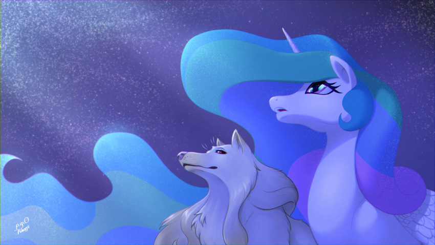 16:9 arofa_nahmat arofatamahn canid canine canis duo equid equine female feral friendship_is_magic fur hair hasbro hi_res horn larger_female mammal multicolored_body multicolored_fur multicolored_hair my_little_pony night princess_celestia_(mlp) size_difference sky star starry_sky story story_in_description two_tone_body two_tone_fur widescreen winged_unicorn wings wolf