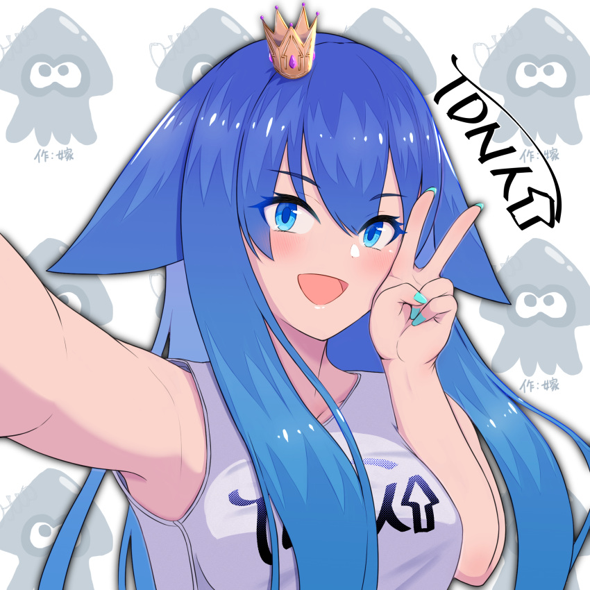 1girl bangs blue_hair blush breasts crown_hair_ornament gradient_hair highres long_hair medium_breasts multicolored_hair outstretched_arm selfie signature solo tdnneet