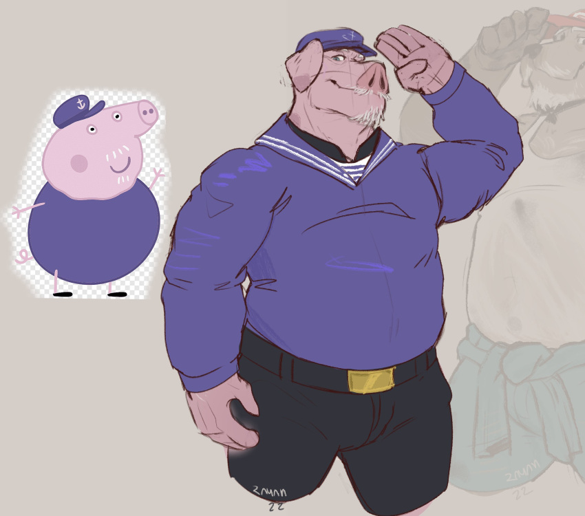 2022 anthro belly bottomwear clothing domestic_pig grandpa_pig hat headgear headwear hi_res humanoid_hands male mammal mature_male overweight overweight_male pants peppa_pig rneves_069 shirt solo suid suina sus_(pig) topwear