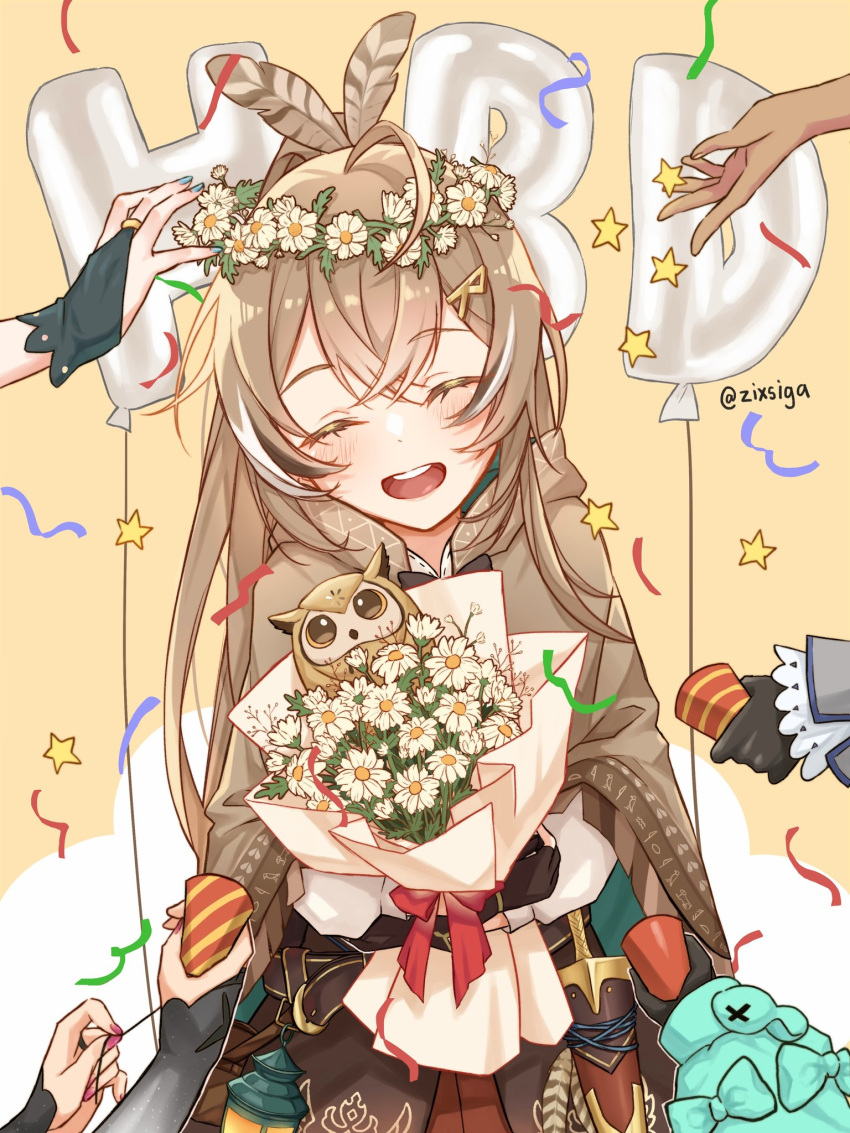 6+girls :d ahoge balloon bangs belt bird birthday bouquet brown_capelet brown_cloak brown_corset brown_hair capelet ceres_fauna cloak closed_eyes confetti corset dagger feather_hair_ornament feathers flower gloves hair_ornament hairclip hakos_baelz happy_birthday hieroglyphics highres holocouncil hololive hololive_english hootsie_(nanashi_mumei) irys_(hololive) knife lantern long_hair multicolored_hair multiple_girls nail_polish nanashi_mumei ouro_kronii owl partially_fingerless_gloves party_popper pleated_skirt ponytail pouch red_skirt ribbon shirt skirt smile star_(symbol) streaked_hair teeth tsukumo_sana upper_teeth very_long_hair virtual_youtuber weapon white_shirt wreath zixsiga