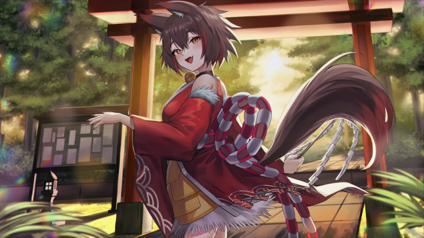 1girl animal_ear_fluff animal_ears bangs black_nails blush brown_hair commission eredhen fang gohei hair_between_eyes highres japanese_clothes kimono looking_at_viewer miko multicolored_hair obi open_mouth original red_hair sash short_hair skin_fang smile solo tail tree wide_sleeves wolf_ears wolf_girl wolf_tail yellow_eyes