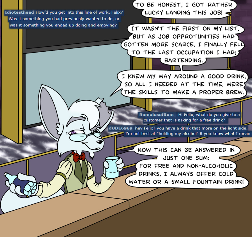 age_difference answering anthro ask_blog beverage canid canine comic container cup english_text felix_a_fox fennec fox humanoid male mammal notched_ear old older_anthro older_male speech_bubble storytelling text wintersgardencomic